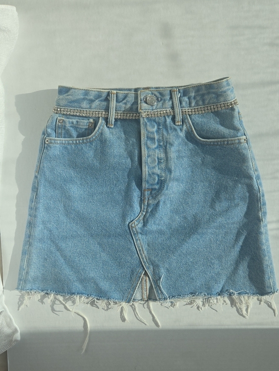 GRLFRND Dresses & Skirts - GRLFRND Washed Blue Denim Mini Skirt with Rhinestone Waist Chain